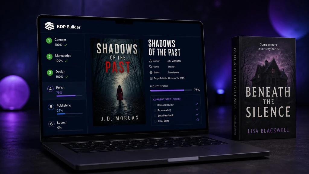KDP Builder showing book creation with finished covers and publishing assets
